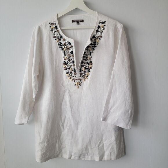 Adrienne Vittadini studio womens 100% Linen Tunic top size 10 embroidery - Picture 1 of 7
